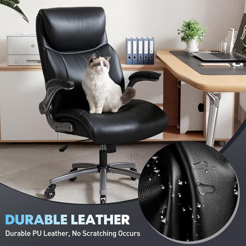 MALOL 300lbs Ergonomic PU Leather Office Chairs, High-Back y Home Computer Executive Chair with Lumbar Support and Flip-Up Arms, Black