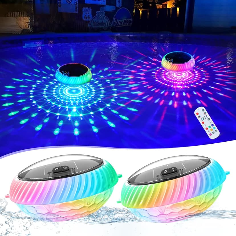 Floating Pool Lights Solar Powered, 7.6 Inch RGB Upper& Lower Color Changing Solar Pool Lights that Float with Dynamic Lighting Effects, IP68 Waterproof Swimming Pools Light for Party Decor(2)