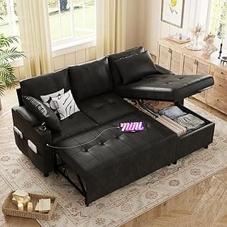 Esright Sleeper Sofa Bed, 3-in-1 Pull Out Couch with Reversible Chaise, Leather Sleeper Sofa with Storage, USB, Cup Holder, Pullout Sectional Couches for Apartment Living Room, Black | Hidden Storage Space