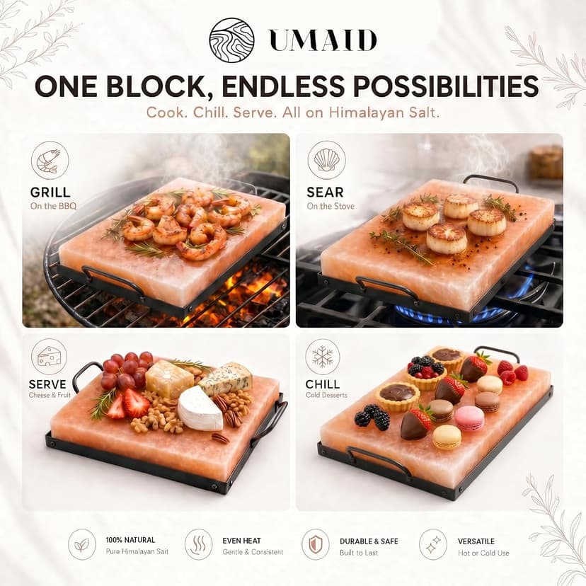 UMAID Himalayan Salt Block Cooking Plate 12x8x1.5 – Food Grade Pink Himalayan Salt Stone for Cooking, Grilling, Serving & Cutting – Includes Steel Tray & Grilling Recipe Booklet – Unique Gifts for Men & Women B07BB6HWT6