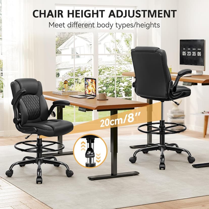 Drafting Chair,Tall Office Chair for Standing Desk,High Executive Leather Ergonomic Computer Chair with Adjustable Height and Flip-Up Armrest for Counter Height Desk,Black