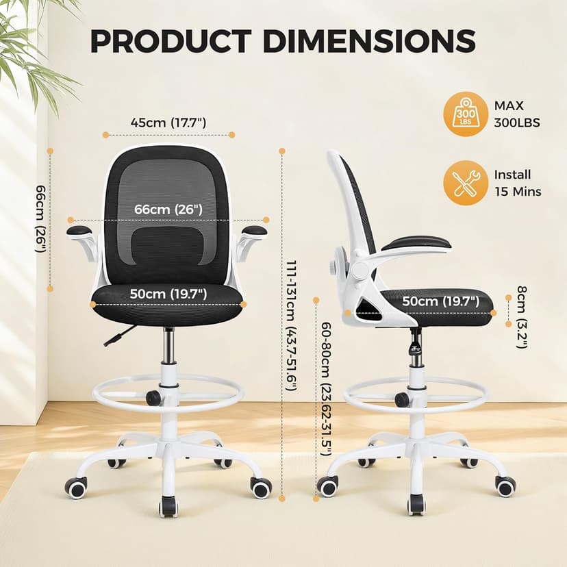 Primy Home Office Drafting Chair - Tall Desk Chair with Flip-up Armrests 3D Lumbar Support, Comfort Drafting Chair with Footrest for Standing Desk, High Chair for Bar Study Work