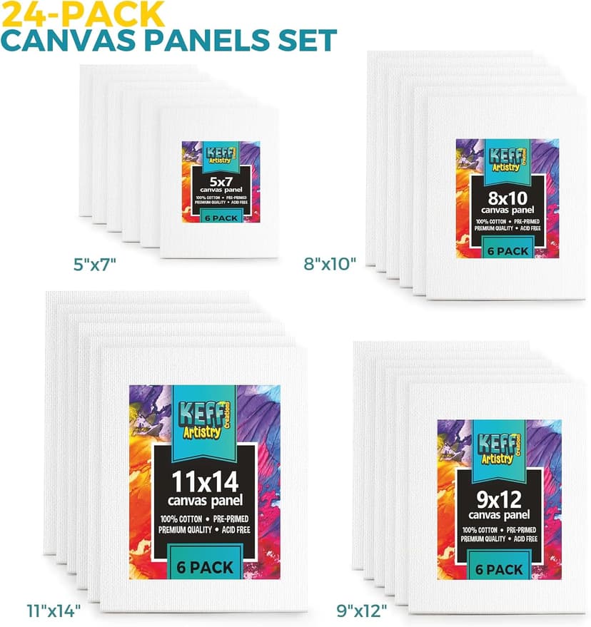 KEFF 24-Pack 𝗣𝗥𝗘𝗠𝗜𝗨𝗠 Canvas for Painting, 6 of 5x7, 8x10, 9x12,11x14 Painting Canvas Boards, Art Supplies for Adults & Kids - 100% Cotton Primed Canvases for Painting Acrylic, Oil, Watercolor B085F4JH1H