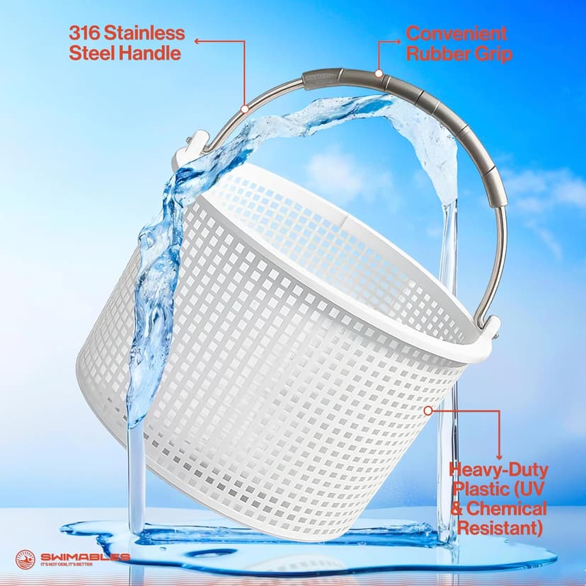 Swimables Pool Skimmer Basket for Inground Pool Compatible with Hayward Skimmer Basket and Pool Filter Basket SP1082CA | Built-in Brass Weight | 316 Stainless Steel Handle & Convenient Rubber Grip