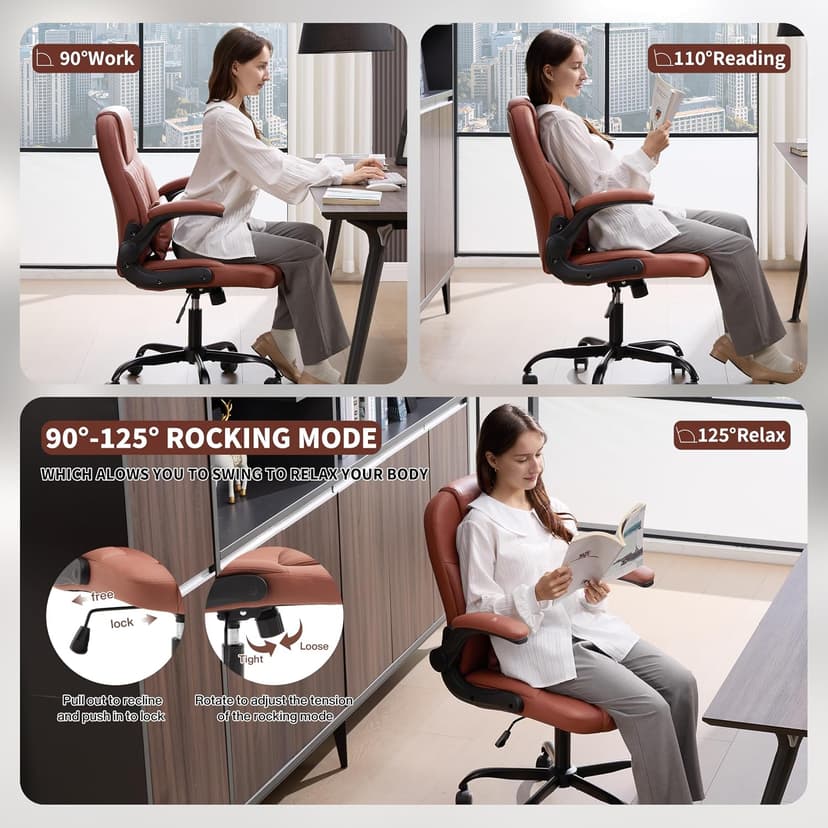 Executive Office Chair PU,Leather Office Chair with Wheels,360° Swivel Rolling Chair with Padded Arms,Ergonomic Computer Chair with Lumbar Support for Short People Use(Brown)