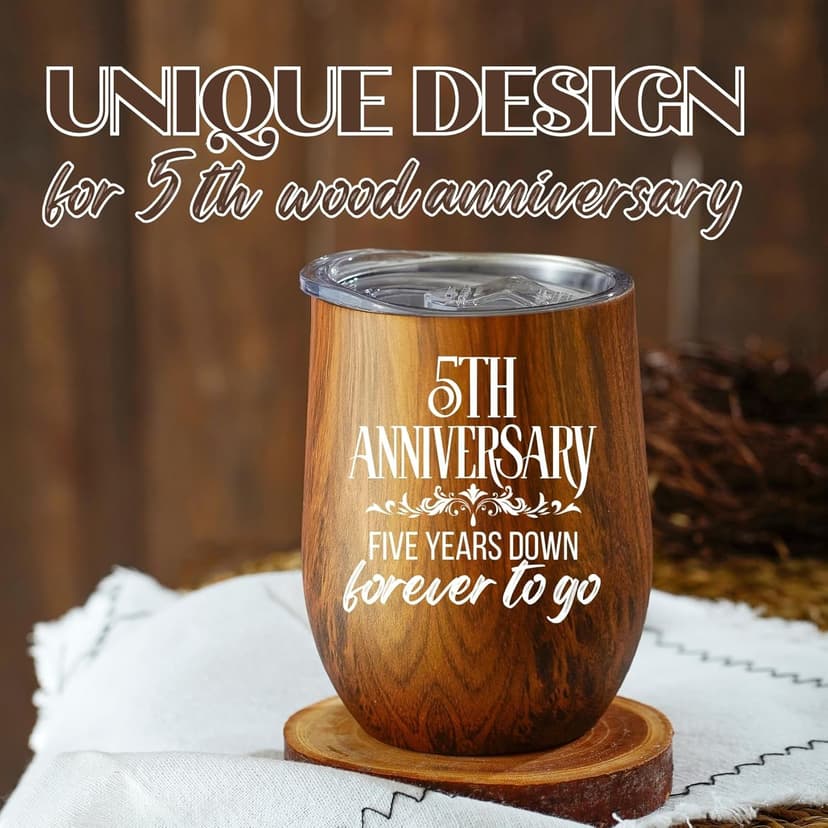 Onebttl 5 Year 5th Anniversary Wood Gift for Him, Husband, Wife, Her, 12oz Wood-grain Stainless Steel Insulated Tumbler for Marriage, Wedding