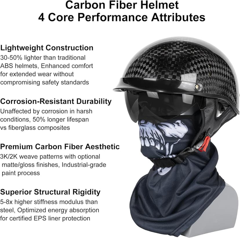 Carbon Fiber Motorcycle Half Helmet for Adults Men & Women – DOT Approved Open Face Retro Helmets with Visor, Vintage Design for Scooter, Moped, Cruiser