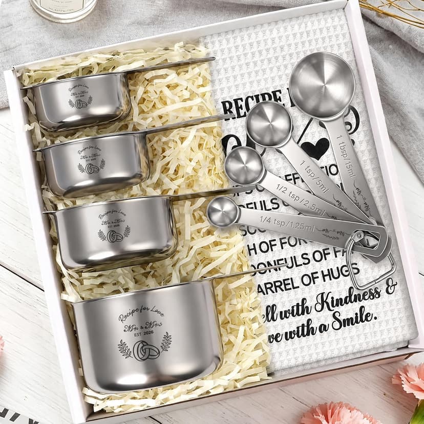 Wedding Gifts for Couples 2026, Bridal Shower Gifts for Bride to Be, Engagement Gift for Newlyweds, Bride Gift, Mr and Mrs Measuring Cups and Spoons Set with Dish Towel B0GTPW413P
