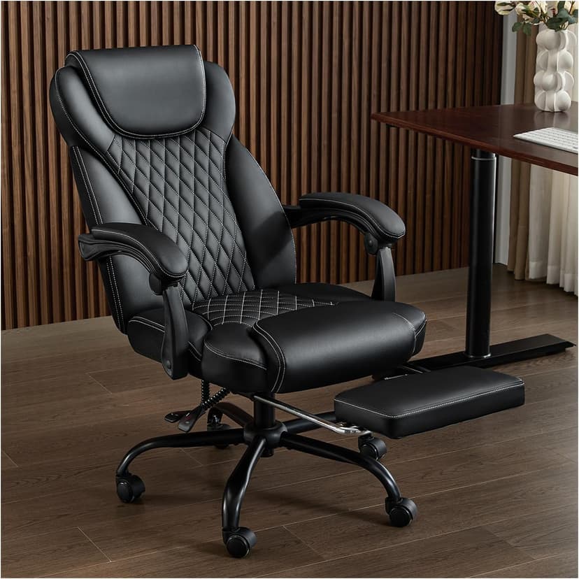 amseatec Office Chair, Big and Tall Office Chair with Foot Rest Ergonomic Chair for Home Desk, Reclining High Back Leather Chairs with Lumbar Support(Black)