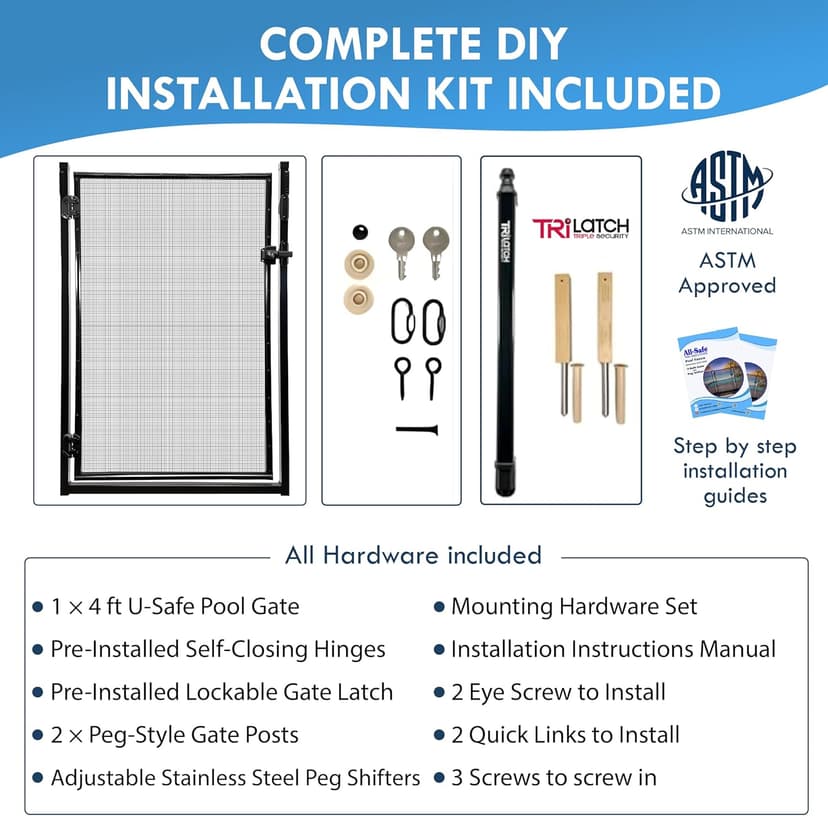 All Safe Pool Fence Door Gate Kit - 4-Foot Black Self-Closing Pool Gate for Decks, Lockable & Easy DIY Installation - Safety Swimming Pool Gate for Kids & Inground Pool Fencing, Durable U-Safe Frame