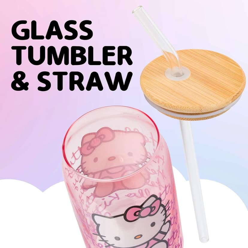 Silver Buffalo Sanrio Hello Kitty Waving Pink Glass Jar Tumbler with Bamboo Lid and Glass Straw, 16 Ounces