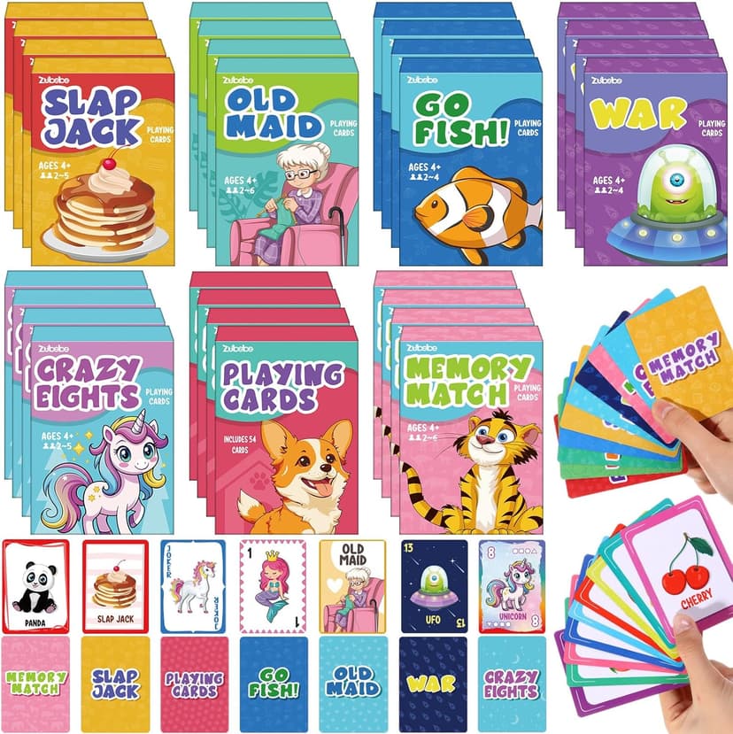 Zubebe 28 Pack Kids Card Games Gifts Bulk Classic Playing Card Game Set for Kids Includes Go Fish, Old Maid, Crazy Eights, Memory Match, Slap Jack, Playing Toy for Party Favors (Classic)