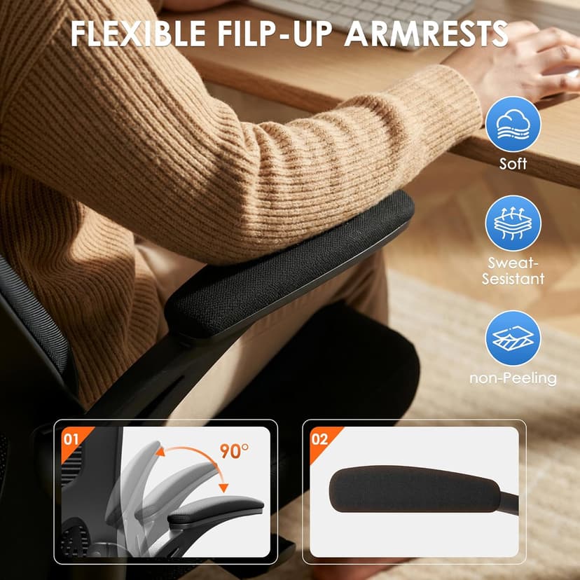 Ergonomic Office Chair, 300lbs High Back Breathable Mesh Desk Chair with Lumbar Support, Comfy Gaming Chair with Headrest and Flip-Up Arms, 360° Swivel Computer Task Chair for Home Office, Black