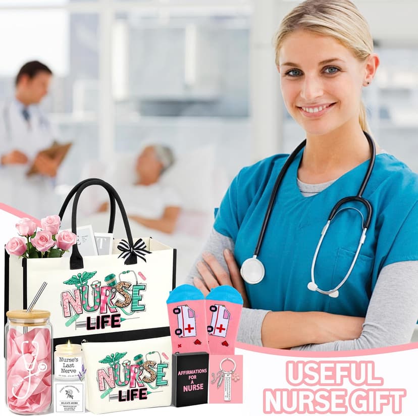 Nurses Week Gifts Birthday Gift for Nurses Gifts, Nursing Student with Canvas Bag Socks Affirmations Cards 16 Oz Can Glass DOGMEM Nurse Gifts Nurse Appreciation Gift Set for Women B0CY2C791K