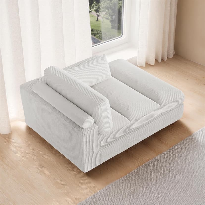 Oversized Chaise Lounge Chair Indoor with Left Armrest, Comfy Upholstered Sofa Bed Recliner Chair for Living Room, Corduroy Reading Seat Cloud Couch w/Solid Wood Frame - Sea Salt Grey