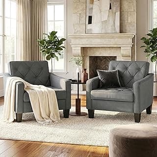 STHOUYN Living Room Chairs Grey Accent Chairs Set of 2, Waiting Room Arm Chairs, Reading Chairs for Bedroom Comfy Club Chair Tufted, Office Small Space (2, Grey)