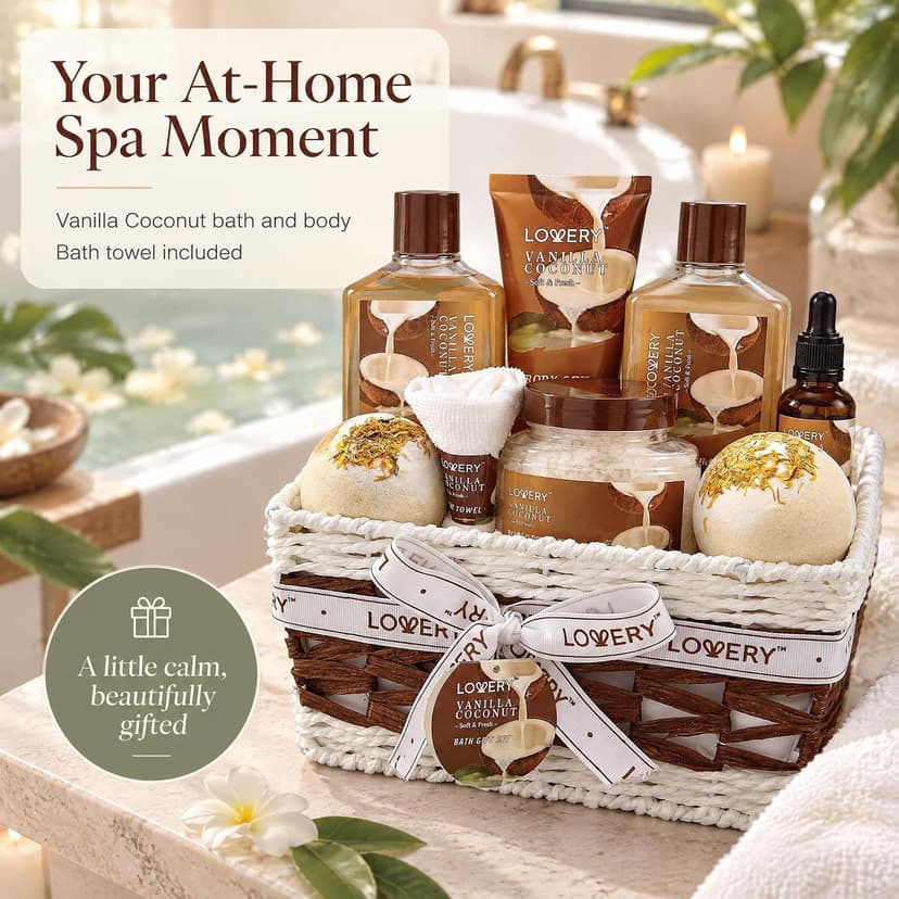 Gifts For Women Gift Basket for Women– 9 Piece Set of Vanilla Coconut Home Spa Set, Includes Fragrant Lotions, Extra Large Bath Bombs, Coconut Oil, Luxurious Bath Towel & More