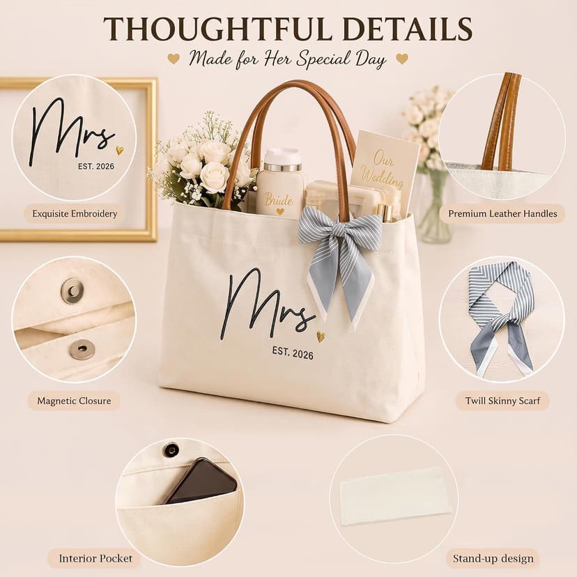 Engagement Gift for Bride, Wifey, Bachelorette Party Favors, Honeymoon, Wedding Essentials Bag with Leather Handle & Pocket Bridal Shower Gifts Bride Tote Bag for Bride to Be, Future Mrs B0GTV3F3QJ