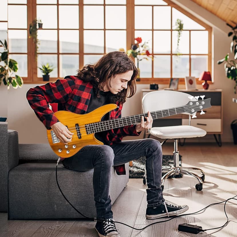 Ktaxon 5 String Electric Bass Guitar, Full Size Standard Right Handed Rosewood Fretboard Bass Kit with Gig Bag Strap Cable Wrench Tool (Yellow)