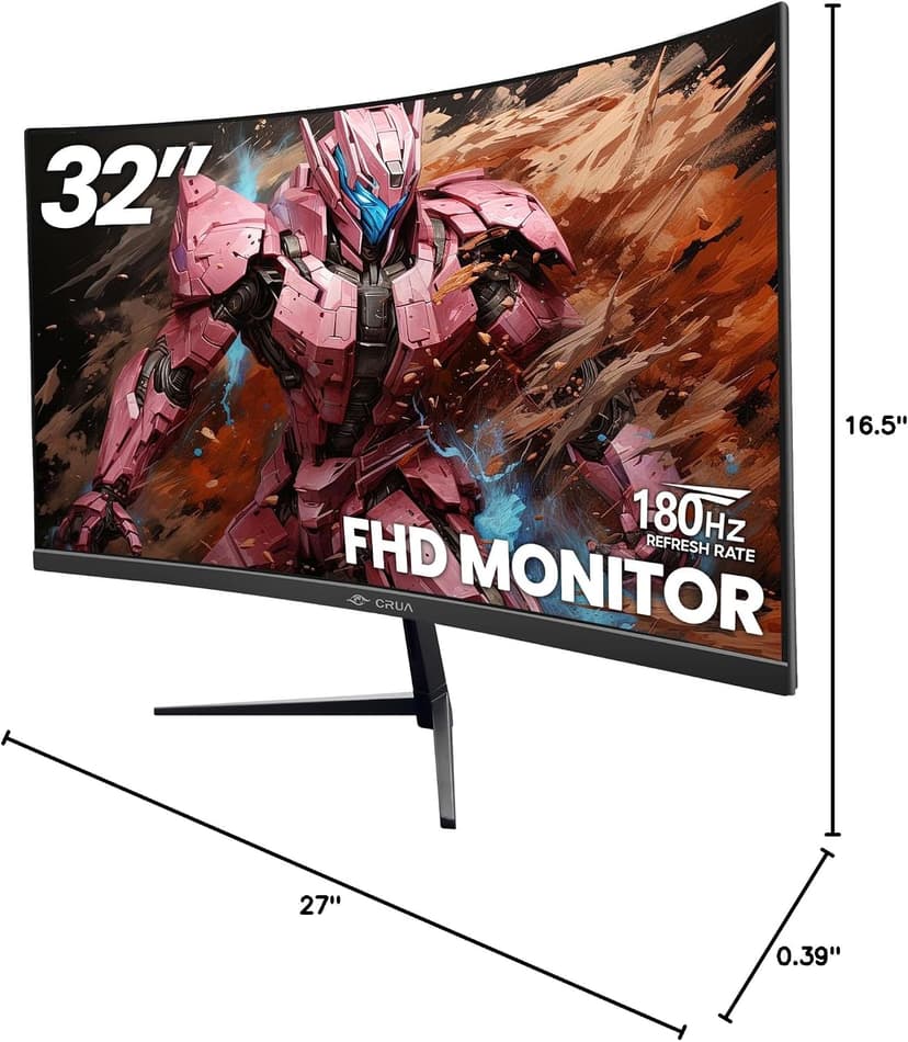 CRUA 32Inch Curved Gaming Monitor, FHD(1920 * 1080P) VA Screen 165Hz/200Hz, 1800R VA Screen, 120% sRGB, Computer Monitor that Support AMD Freesync, HDMI, DP, Wall Mountable Installs-Black