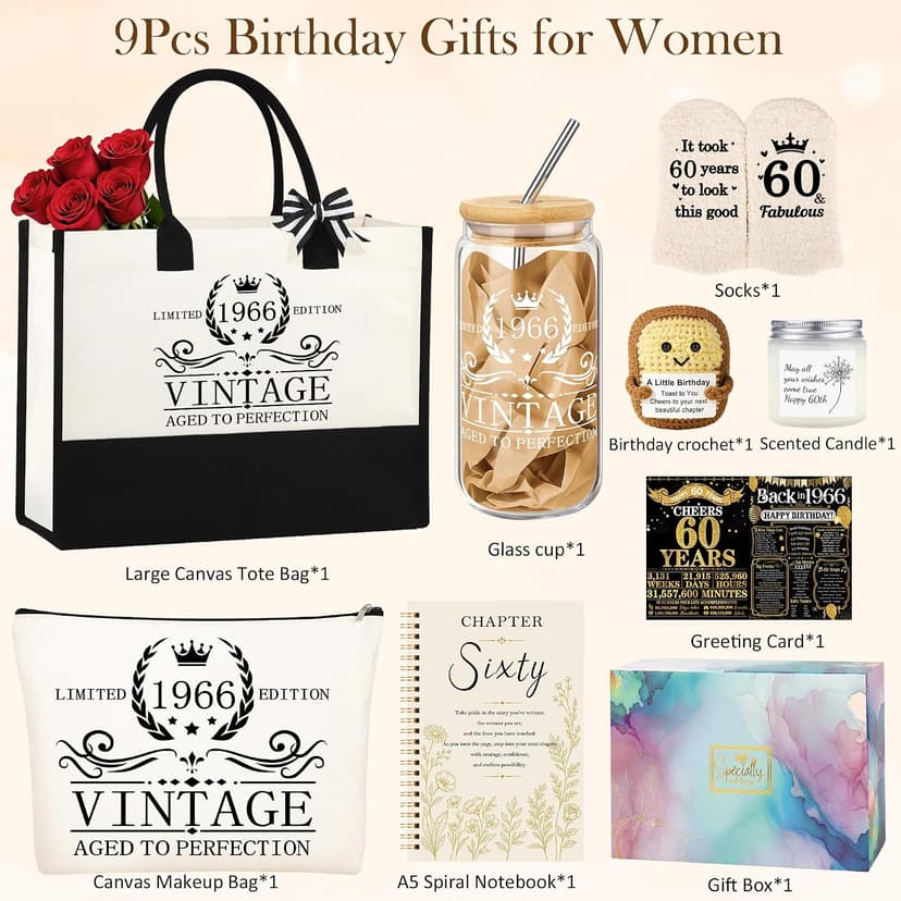 40th 50th 60th Birthday Gifts for Women Tote Bag Birthday Gifts Set for Mom Wife Sister Grandma Birthday Gifts for Her