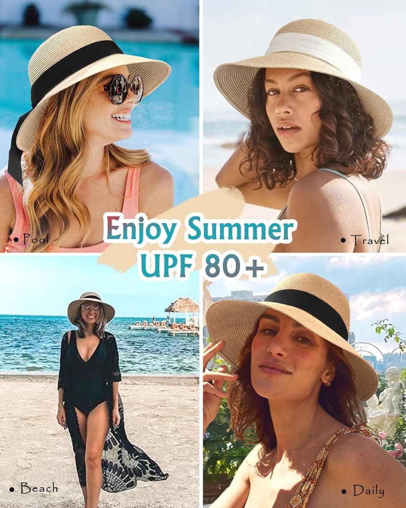 FURTALK Womens Beach Sun Straw Hat UV UPF 80+ Travel Foldable Brim Summer UV Hat