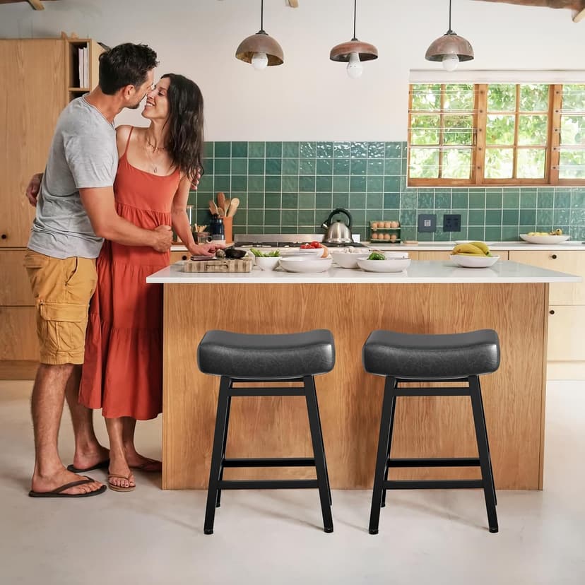 Counter Height Bar Stools Set of 2, 24 Inch Backless BarStools for Kitchen Island Leather Saddle Bar Chairs Kitchen Stools with 4" Thick Seats & Heavy Duty Metal Base, Black
