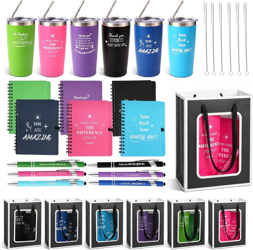 6 Set/36 Pcs Teacher Employee Appreciation Gifts Bulk - 20 Oz Insulated Tumblers, Steel Straw & Cleaner, Gift Bag, Inspirational Notebook, Motivational Pen - Thank You Gift for Coworker, Nurses B0GVYGNVQM