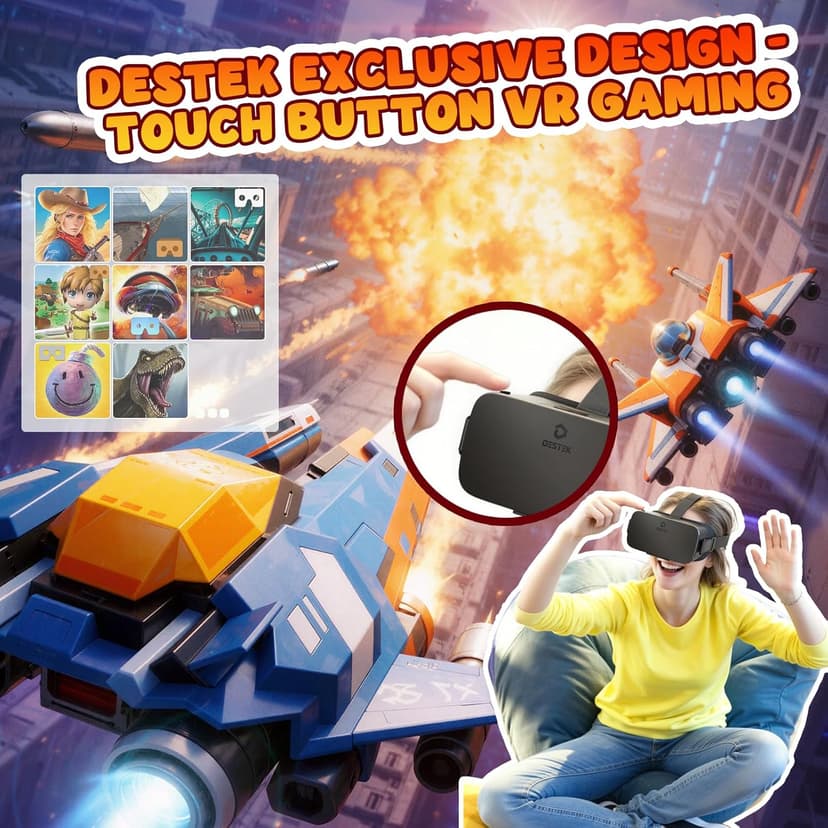 DESTEK V5 VR Headset for Phone w/VR Gamepad, 128 Premium VR apps Included, Anti-Blue Eyes Protected HD Lenses, 110° FOV Virtual Reality Headsets for iPhone, Android Phone- Black