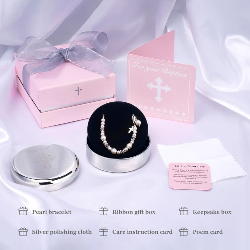 Baptism Bracelet in Sterling Silver and Cultured Pearls for Baby Girls, with Silver-plated Jewelry Keepsake Box, Great Catholic Christening and Baptism Gifts for Girl