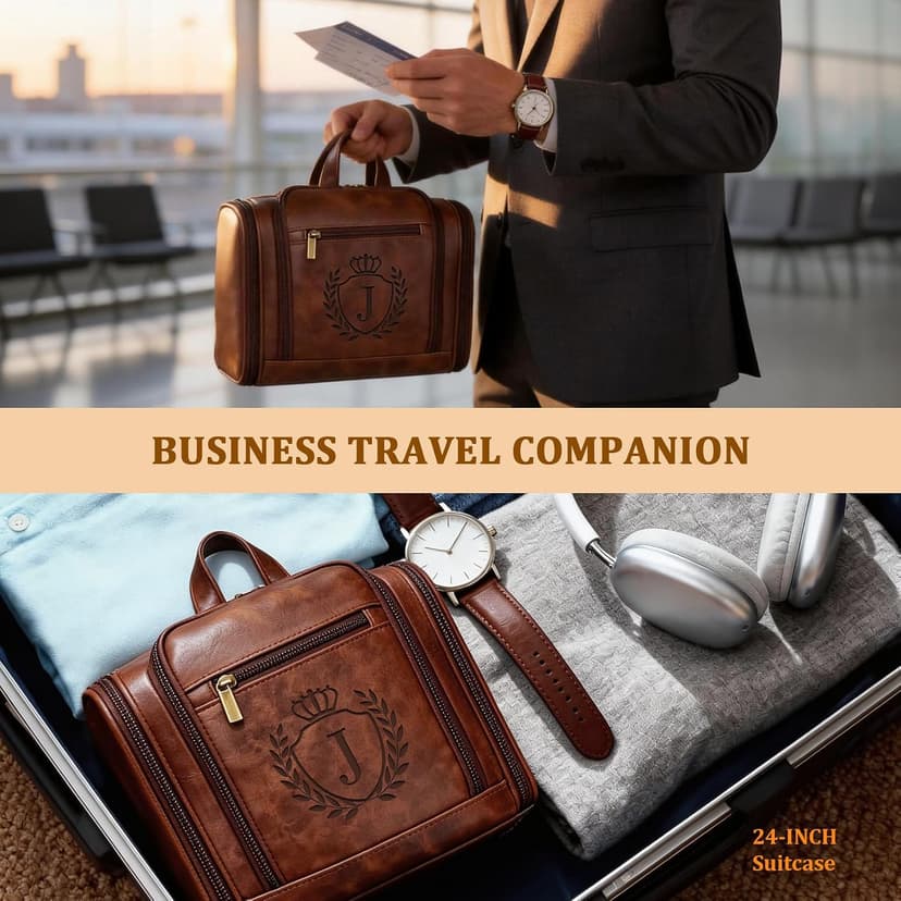 Large Hanging Leather Dopp Kit Engraved Monogram Brown Waterproof Bathroom Shaving Grooming Accessory|Luxury Unique Male Gift Personalized Gifts for Men Dad Father Birthday Toiletry Travel Bag J B0GL21B7QQ