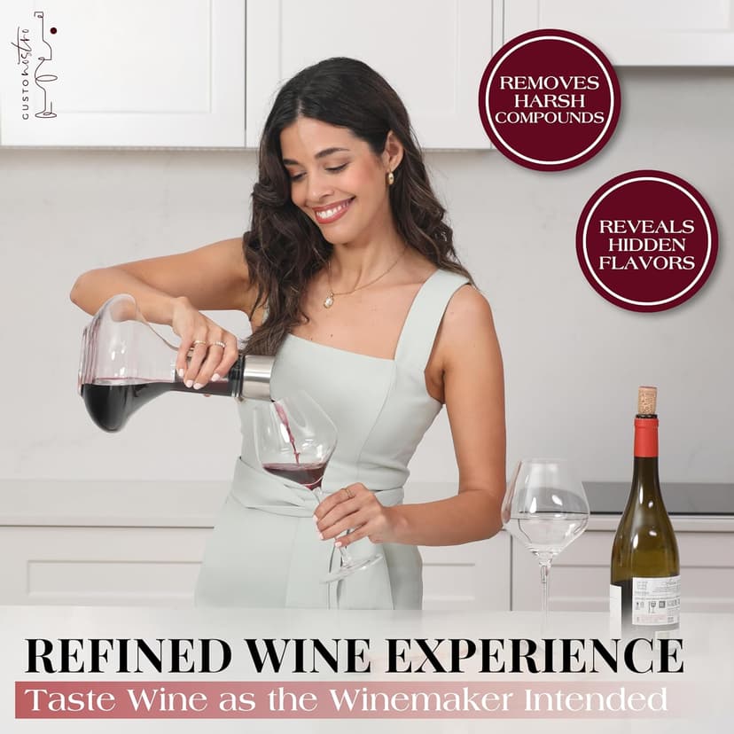 Gusto Nostro Crystal Wine Decanter with Aerator Pourer - Premium Hand-blown Lead-free Glass Wine Decanter Set for Red Wines - Carafe with Lid Filter for Smooth Pouring - Stainless Steel Spout Included