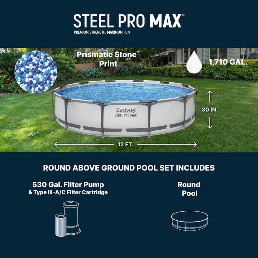 Bestway Steel Pro MAX 12' x 30" Above Ground Pool, Round Metal Frame Outdoor Swimming Pool Set with Filter Pump & Type III A/C Cartridge, Gray