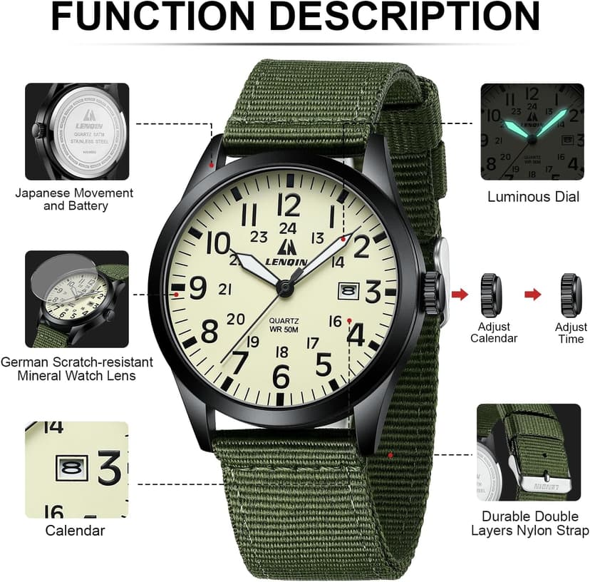 LN LENQIN Mens Watches Unisex Military Sport Nylon Strap Stylish Luminous Fashion Analog Quartz Watch for Men Waterproof Army Tactical Casual Wristwatch