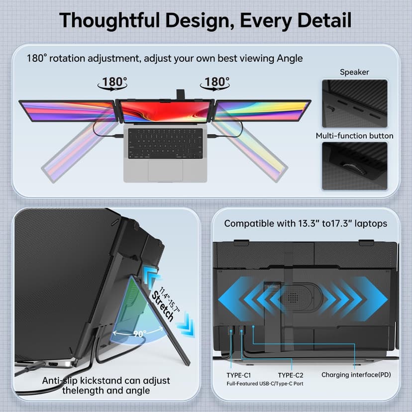 APILDELLA 14'' Triple Laptop Screen Extender, 1080P FHD Laptop Extended, Ultra-Thin Portable Monitor for Laptop, Plug-Play Dual Monitor for 13-17.3'' Laptops, Work with Mac, Windows, Chrome
