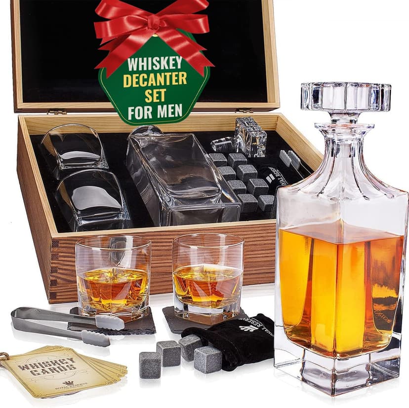 Whiskey Decanter Gift Set by Royal Reserve – Liquor Bourbon Decanter 24 oz 750 ml with Glasses, Chilling Stones, Coasters and Tong – Whiskey Gifts for Men, Husband, Dad, Boyfriend