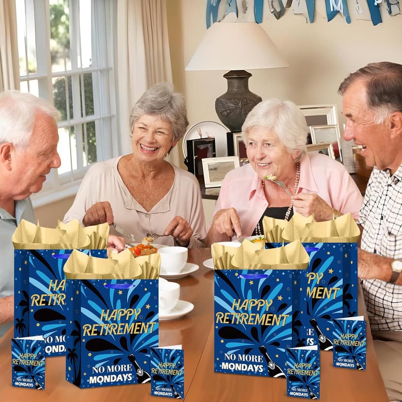 Yomaiha Blue Retirement Gift Bag with Tissue Paper and Greeting Card Retirement Wrapping Paper Bag for Men Women 2026 Retired Gift Wrapping Bag for Coworker Farewell Going Away Party Retired Supplies