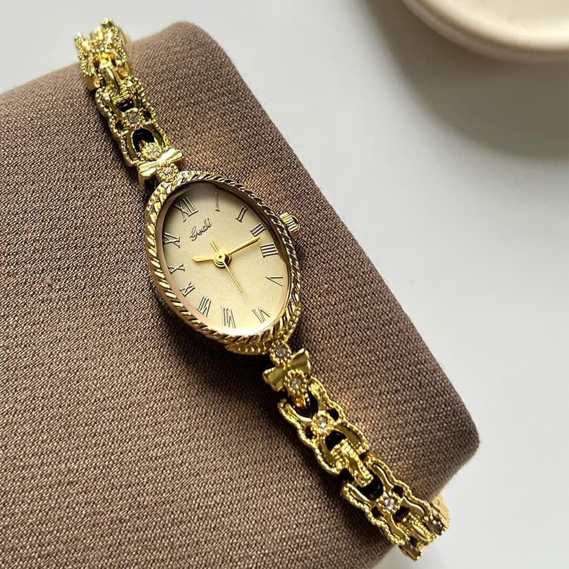 CARLIEN Fashion Vintage Gold Oval Quartz Watches for Women - Alloy Steel Band Slim Bracelet - Roman Numerals Numbers - Dainty Elegant Dress Wristwatch Waterproof