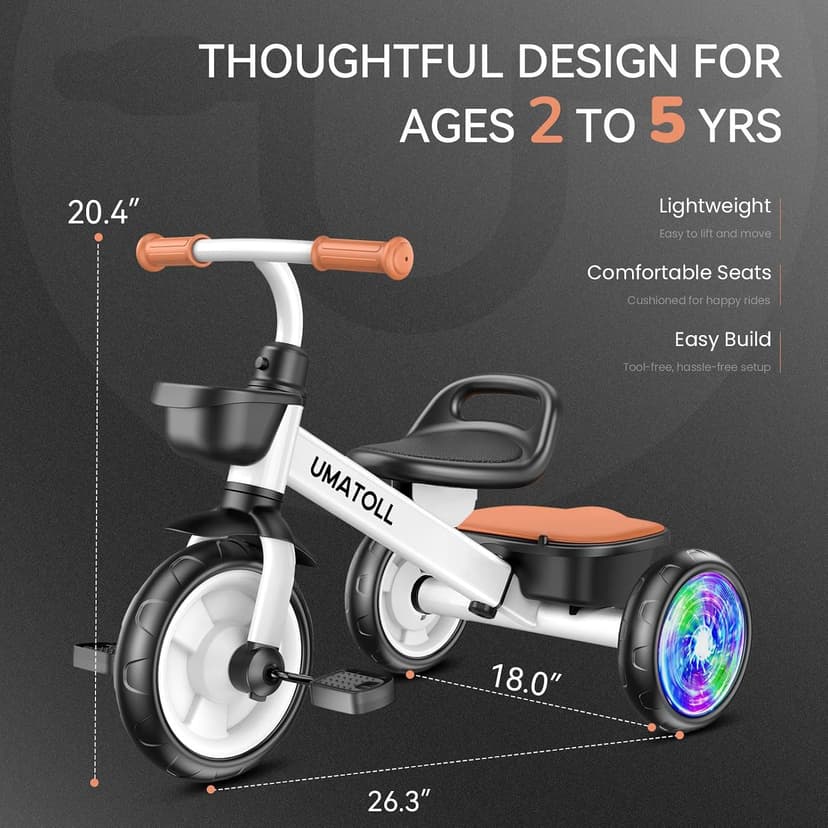 Adjustable Toddler Bike Outdoor Toys, Trike with Light up Wheels Umatoll Tricycle for Toddlers 2-5 Year Old, Birthday Gift for Boy Girl 2-4 B0DP9RKM21