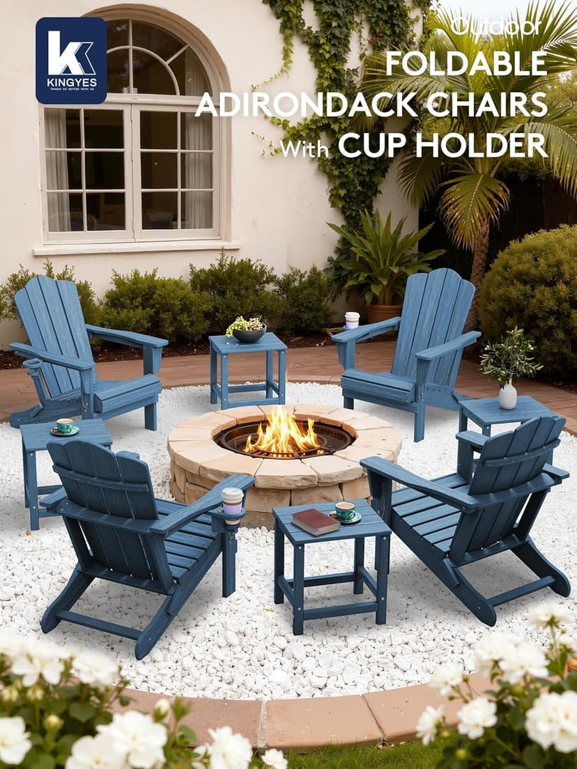 KINGYES Folding Adirondack Chair Set of 2, HDPE All-Weather Patio Chairs with Cup Holder, Wooden Textured Fire Pit Chairs Recliner for Poolside, Backyard, Deck, Navy