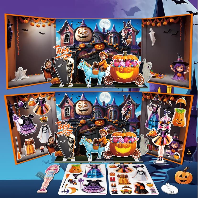 Halloween Magnetic Dress Up Dolls for Kids, Spooky Witch & Pumpkin Fairy Costume Dress Up Set with 3D Haunted House Scene, Travel Activity Toy Gift for Toddler Girls & Boys Ages 3 4 5 6 7