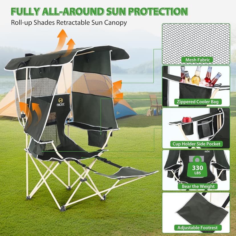 Nice C Chair with Canopy, Umbrella Chairs, Chair with Shades, Sports Chairs, w/Removable Footrest, Cooler Bag, Cup Holder for Camping, Fishing, Sports, Soccer, Beach (1-P Green)