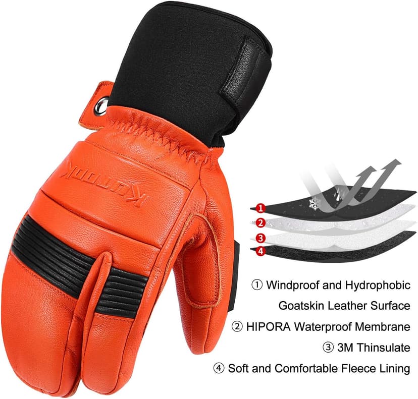 KUTOOK Ski Mittens with HIPORA Waterproof Membrane Goat Leather Gloves for Skiing Outdoor