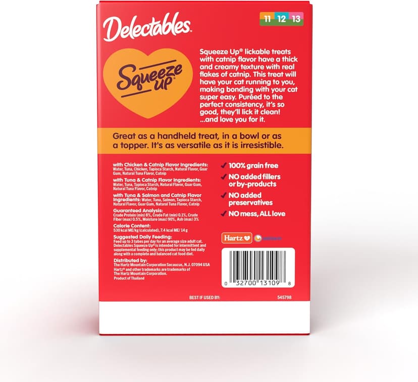 Delectables Squeeze Up Catnip Variety Pack, Creamy Squeezable Puree, Lickable Wet Cat Treats, Grain Free, No Added Fillers, No By-Products, No Added Preservatives, 0.5 Ounces Tube, 20 Tubes Total