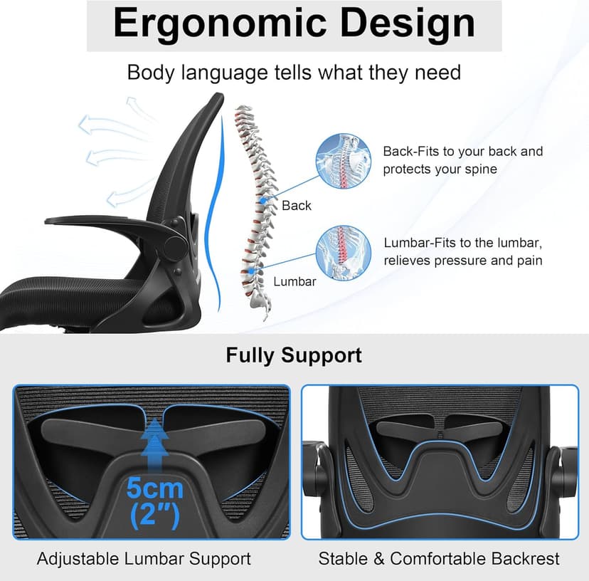 Primy Drafting Chair Tall Office Chair with Flip-up Armrests Executive Ergonomic Computer Standing Desk Chair with Lumbar Support and Adjustable Footrest Ring (Black)