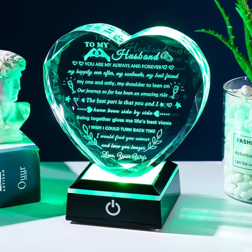 YWHL Gifts for Husband from Wife with Colorful LED Base Anniversary Birthday Gifts for Husband to My Husband Crystal Heart keepsake I Love You Gifts for Him on Valentine Christmas Fathers Day B0D86M2CG9