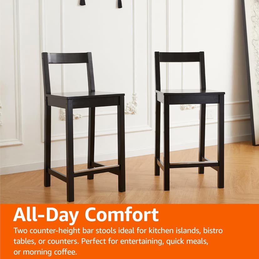 Amazon Basics Wooden Counter Height Bar Stool with Backrest for Kitchen Island, 24", Black, Set of 2