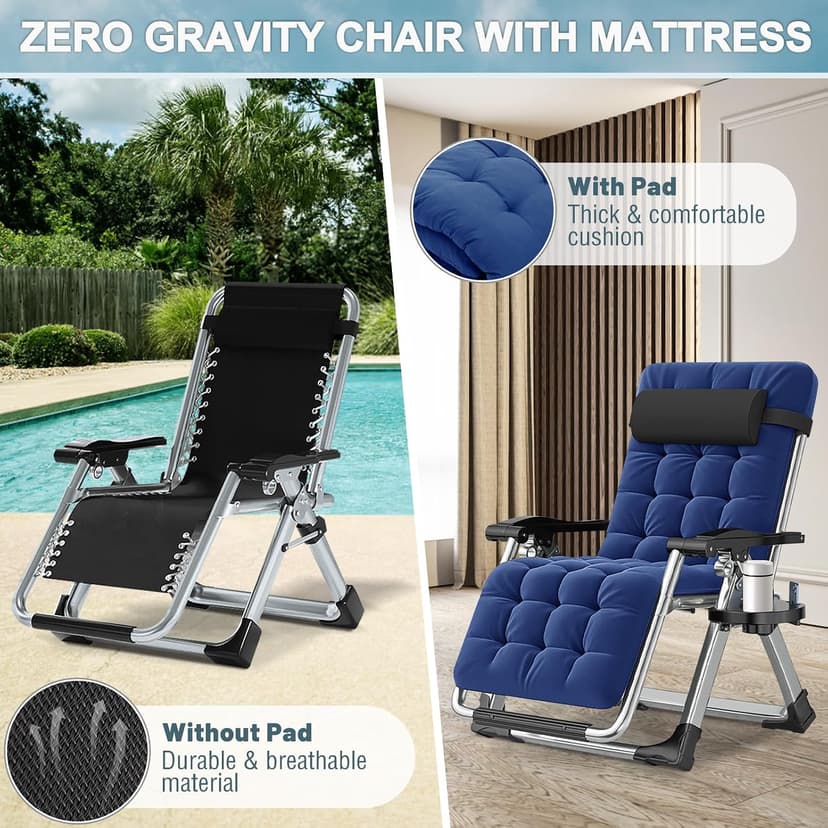 ABORON Zero Gravity Chair,Premium Outdoor Lawn Folding Lounge Chairs,Sturdy Adjustable Reclining Patio Chairs with Removable Cushion,Headrest & Tray