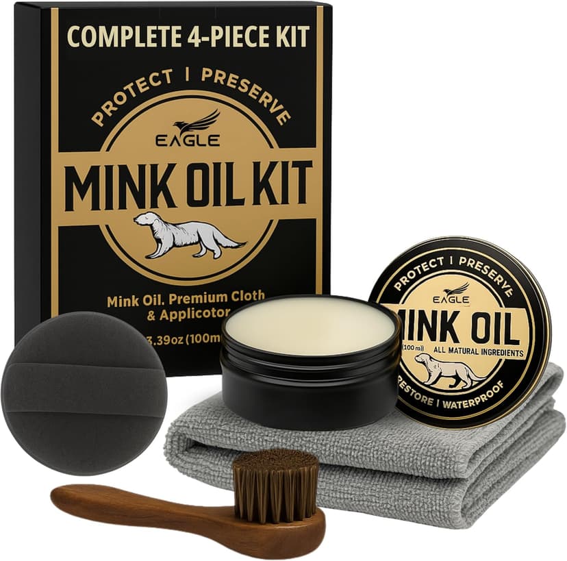 Eagle 4-in-1 Mink Oil Leather Conditioner Kit – 3.52oz Waterproof Paste with Horsehair Brush, Sponge & Microfiber Cloth – Leather Cleaner & Protector for Boots, Shoes, Jackets, Saddles & Bags