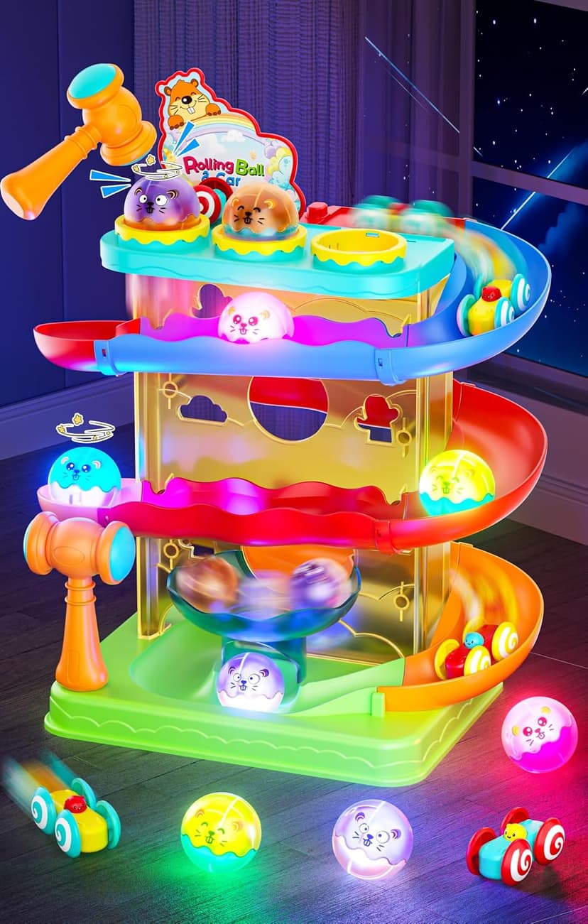 Hammer Rolling Ball, Launch and Race Car-Cause and Effect Sensory STEM Learning Toys for 1-5 Year Old Boys & Girls 2-in-1 Ball Drop & Car Ramp Race Track Montessori Toy for Toddlers Ages 1-5 B0FLDB14N8